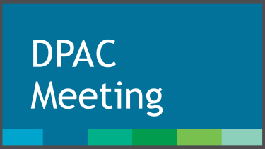 Deep blue graphic with green and blue bottom border and white text that says DPAC Meeting.
