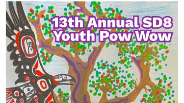 Colourful poster of a tree, eagle, salmon and butterfly advertising a youth pow wow.